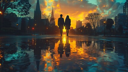 A love that finds strength in shared faith and beliefs, represented by two figures standing hand-in-hand amidst a place of worship, symbolizing the unity, spiritual connection, photo