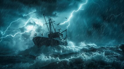 fishing boat in the middle of the ocean in a horrible rain storm lightning, AI Generative