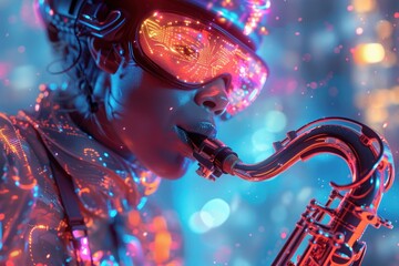 A close-up of a futuristic saxophonist in the metaverse, their instrument emitting glowing streams...