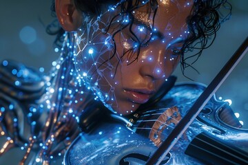 A futuristic violinist performing in the metaverse, with a close-up focus on their intense expression and the glowing, holographic strings of their instrument. The musician's attire is a mix of