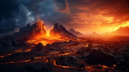 Fototapeta premium Apocalyptic volcanic landscape with hot flowing lava and volcano moutain with ahs cloud on background, AI Generative