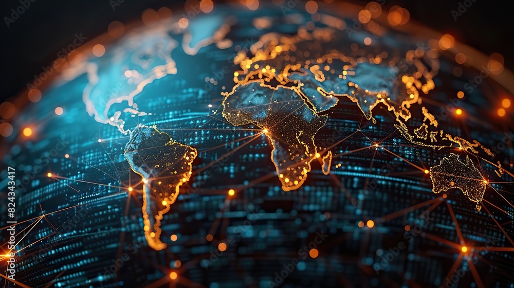 Poster an abstract globe with glowing lines connecting major cities. stock image