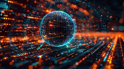 Digital data streams flowing around a 3D Earth model. photo