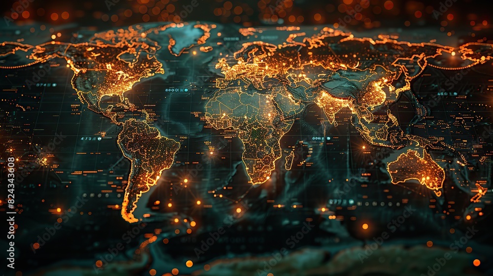 Poster global map overlaid with digital circuits and connection lines. stock photo