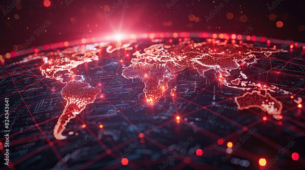 Poster global map overlaid with digital circuits and connection lines. image