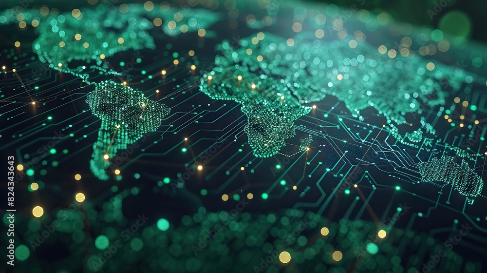 Poster global map overlaid with digital circuits and connection lines. photo