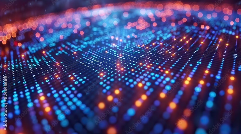 Poster binary code forming a worldwide network grid. stock photo