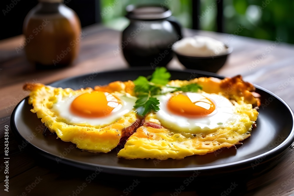 Wall mural fry egg omellete in black plate on wooden table