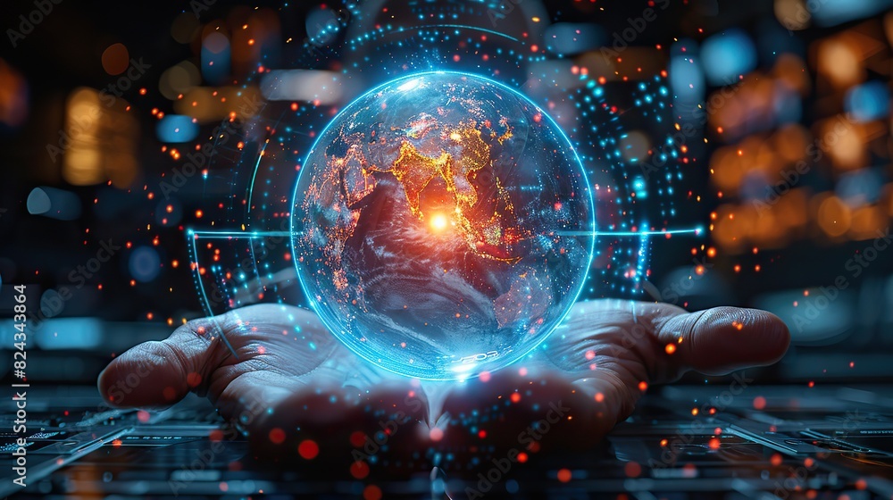 Poster a virtual reality globe with dynamic connection points. stock photo