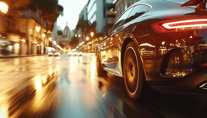 Dynamic shot of a sports car speeding through a city street at night, with reflections of urban lights on the wet pavement.