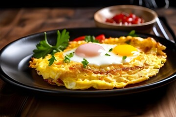 fry egg omellete in black plate on wooden table