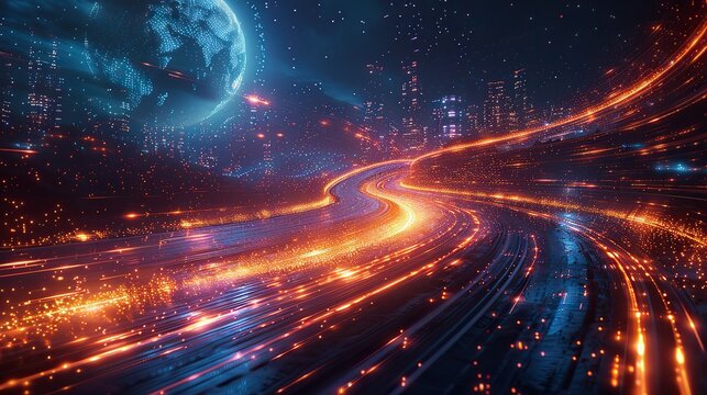High-speed data highways encircling a futuristic Earth. image