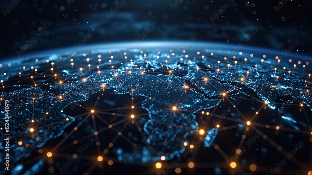 Poster global network represented by interconnected digital nodes. stock image