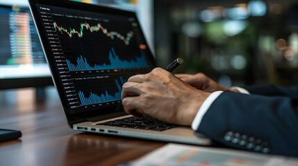 Businessman analyzing stock market data on a laptop, focusing on financial trends and graphs. Ideal for business and finance concepts.