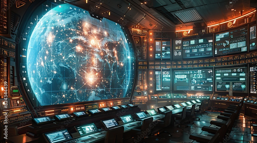 Poster a futuristic control center monitoring global data flow. stock image