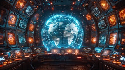 Obraz premium A futuristic control center monitoring global data flow. photo