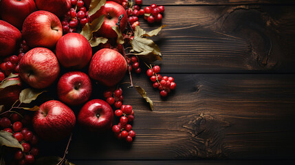 Rustic Fall Background With Red Leaves and Fresh Apples