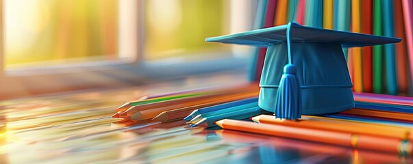 Illustration of a blue graduation cap on a table with colored pencils in the style of a cartoon on...