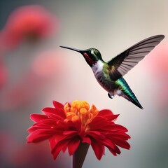 Fototapeta premium Close up of a hummingbird hovering near a red flower4