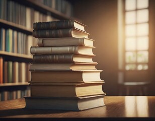 stack of books on a library table