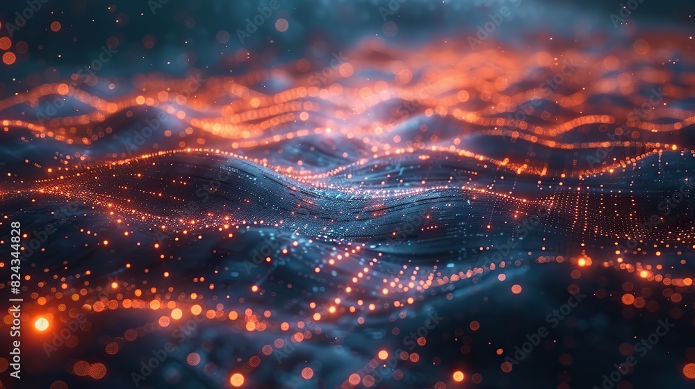 Poster abstract data particles traveling across a global grid. stock photo