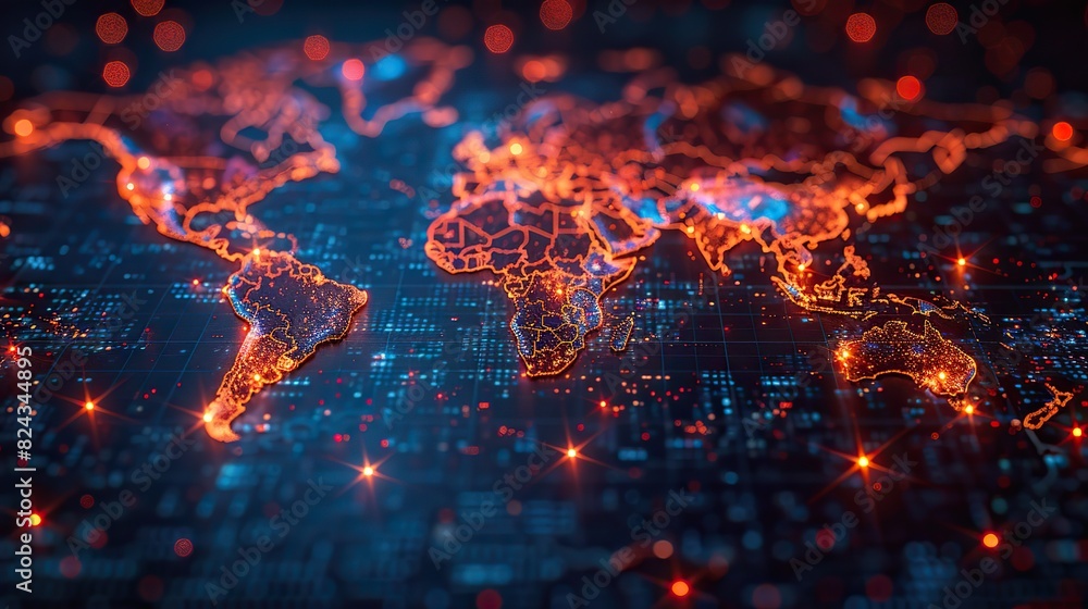 Poster global infrastructure map with highlighted data centers. stock photo