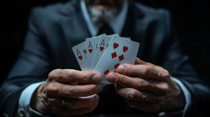 Close-up of a person holding four aces in their hand, showcasing a winning poker hand in a dimly lit, dramatic setting.
