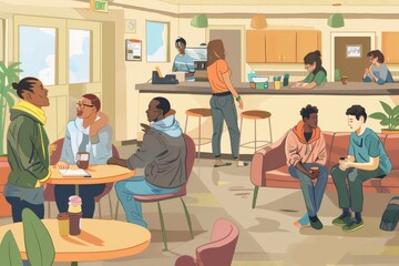A detailed image of people in a community center engaging in conversations and activities, highlighting social connection