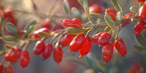 Goji berry fruits and plants in sunshine field, 