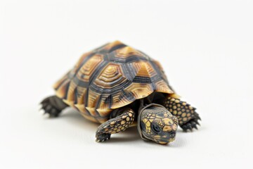 Fototapeta premium Tiny baby tortoise with a patterned shell isolated on white background