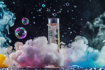 A dramatic shot of a chemical reaction causing colorful smoke and bubbles to overflow from a beaker, capturing the excitement of discovery