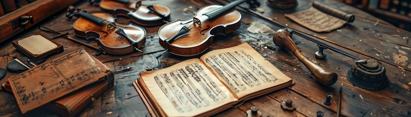 Fototapeta premium An antique violin workshop table with violins, music sheets, tools, and books, capturing a vintage and artistic atmosphere.