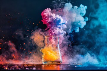 A dramatic shot of a chemical reaction causing colorful smoke and bubbles to overflow from a beaker, capturing the excitement of discovery