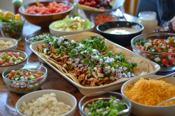 A family-style dinner with a large platter of chicken tacos in the center of the table, surrounded by bowls of fresh toppings