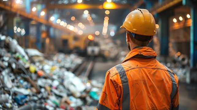Worker in a hard hat and orange uniform observes the operations at a recycling facility filled with various waste materials.