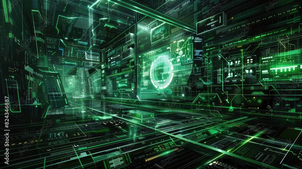 Poster futuristic digital interface with green holographic elements, showcasing advanced technology and vir