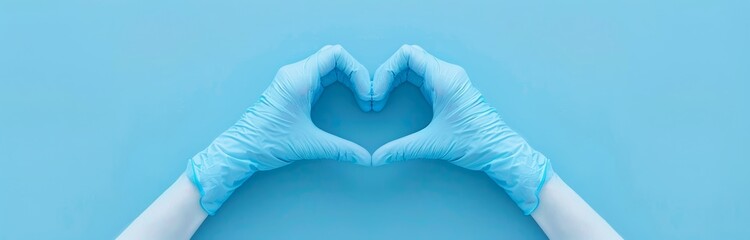 Fototapeta premium Minimalist style, blue background with female hands in medical gloves forming a heart shape on a light pastel colored background