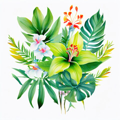 Watercolor of Tropical spring floral green leaves and flowers s isolated on transparent png background, bouquets greeting or wedding card decoration, with Generative Ai