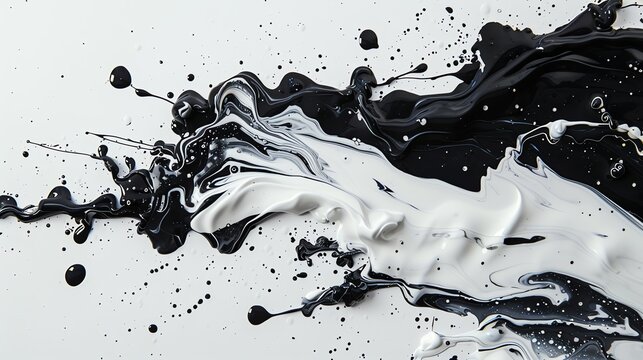 Abstract black and white paint splash creating a modern monochrome art piece with dynamic and expressive brush strokes on a white background.