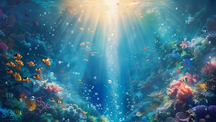 Underwater world with coral reef and fish. an underwater scene. A beam of sunlight penetrates the water from above, illuminating a trail of bubbles and casting a heavenly glow