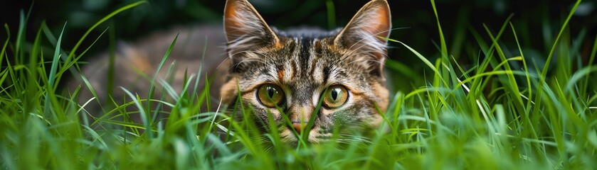 Close-up of a cat hiding in tall green grass, focused expression, outdoor scene, nature background, feline with striking eyes. - Powered by Adobe