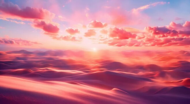 vibrant desert sunset panoramic view of the desert with warm hues of orange and pink reflecting off sand dunes and a clear blue sky, perfect for social media and travel blogs.