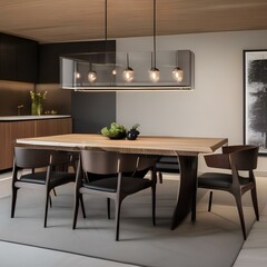 Modern dining room with a large wooden table and pendant lights5