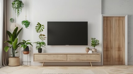 Mockup of Wall-Mounted TV with Decor in Living Room and White Wall