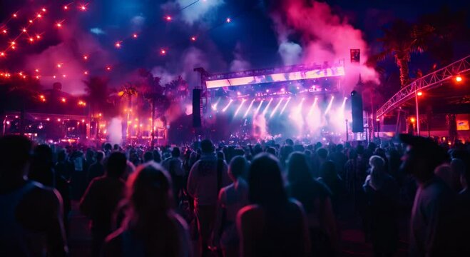vibrant music festival scene diverse crowd enjoying live music performances on a large outdoor stage with colorful lights and a lively atmosphere.