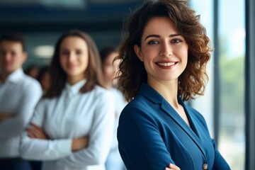 Young successful businesswoman at corporate office looking at camera. Office business portrait