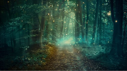 view of a dense, mystical forest with a path running through it