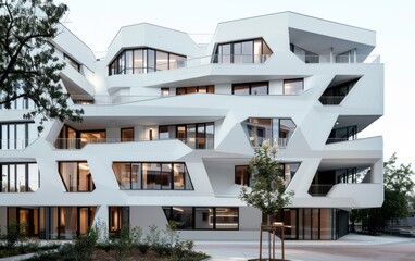 Fototapeta premium Modern apartment building in Berlin, Germany with a white exterior and geometric design elements