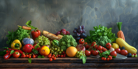 Fresh fruit and vegetables a healthy meal, A basket of fruits and vegetables on a wooden table.