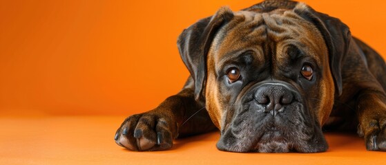 Obraz premium Playful puppy with blank copyspace on an orange background